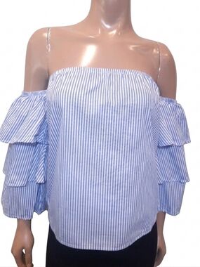 Dizzy Lizzy Strapless Striped Blouse Off Shoulder Ruffled Sleeve Top Size Small